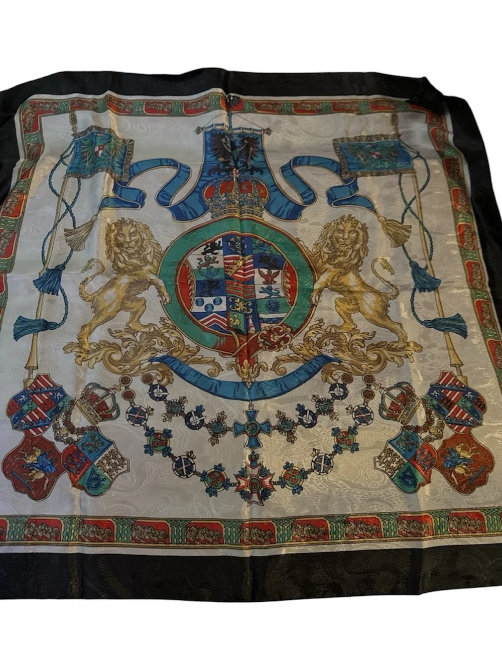 Regal Crest Silk-Effect Scarf in Blue, Gold & Green